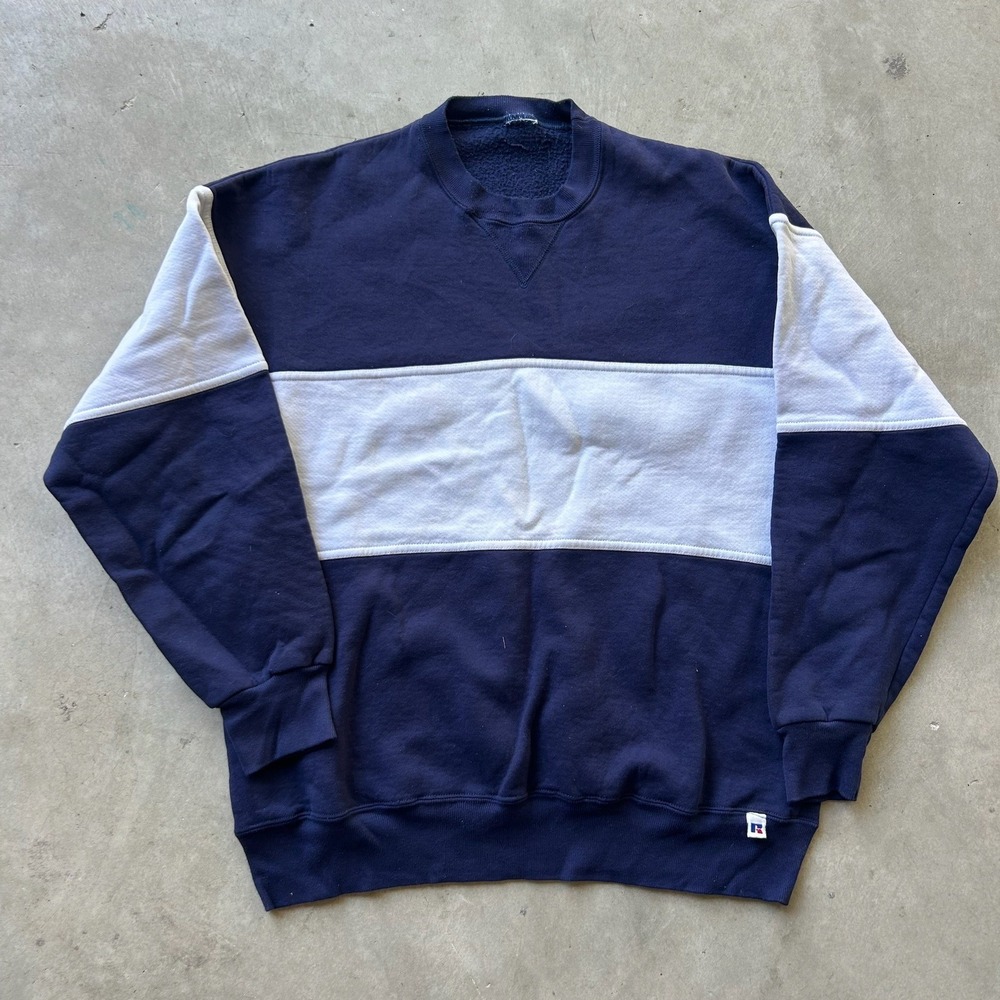 Vintage Russell Athletic Crewneck Sweatshirt Navy Blue White Colorblock Large